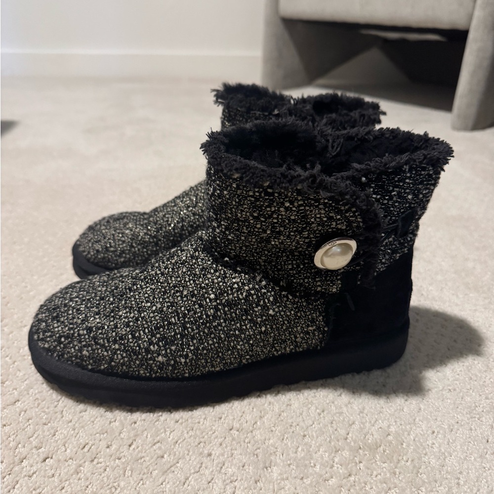 UGG Women’s Black Tweed Booties with Pearl Detail Button